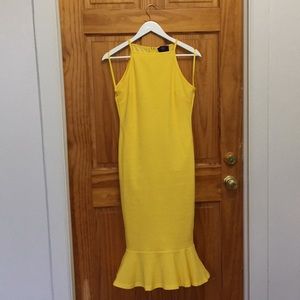Yellow Bodycon Midi Dress With Frill Hem